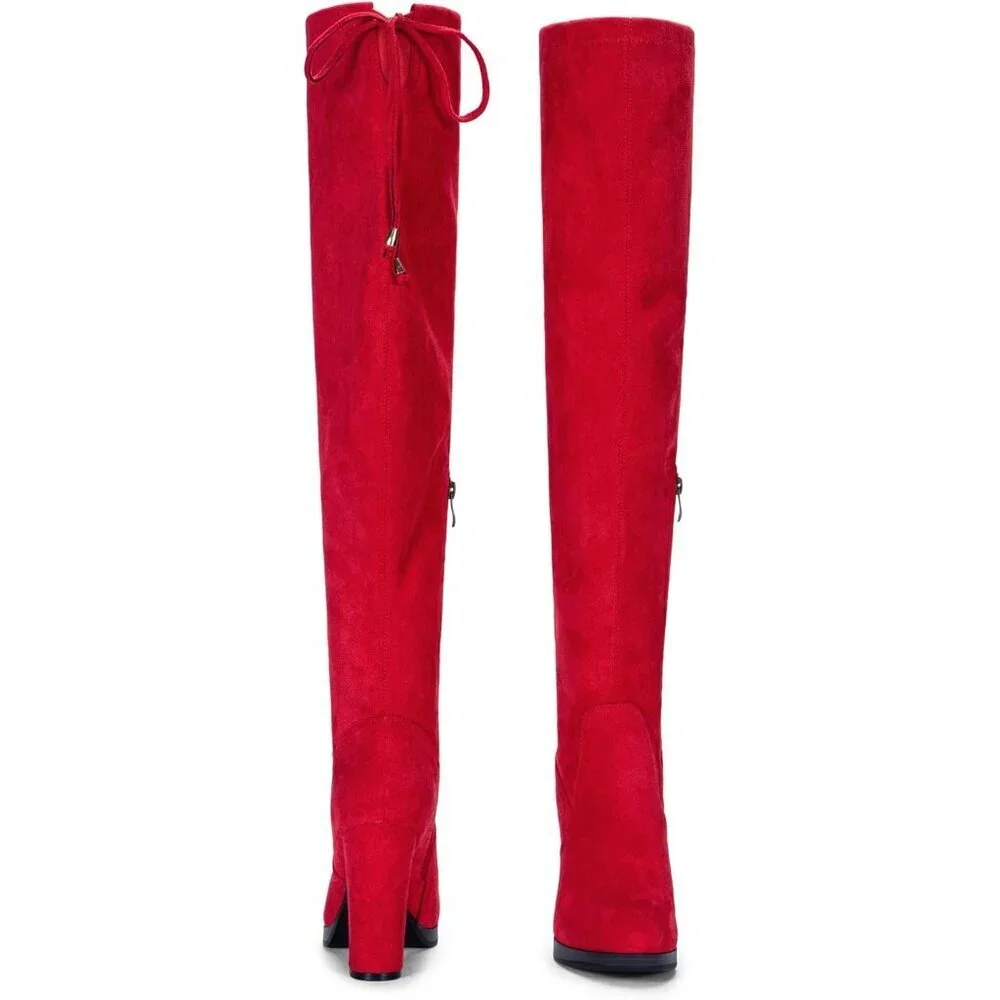 Women's Red-imitation Suede Thigh High Over The Knee Rounded Toe Tall Long Boot